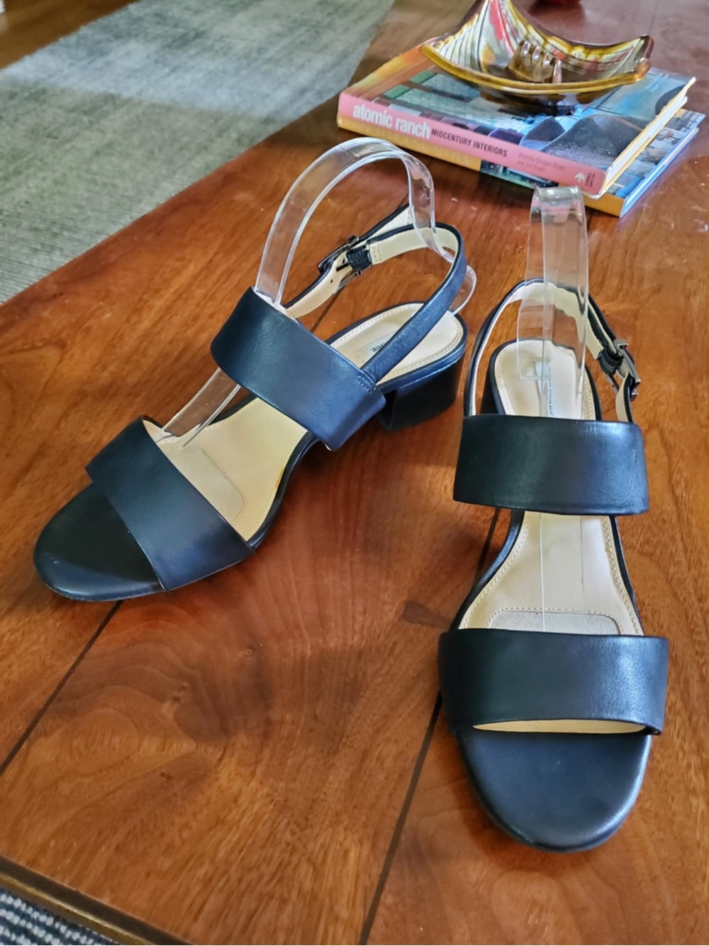 Alex Marie Calina Leather Navy Block Heel Sling Back Open Toe Sandals